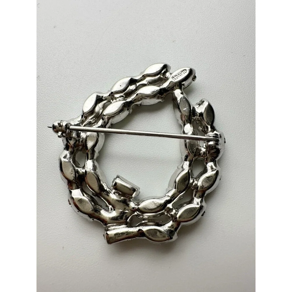 Vintage B. David Aurora Borealis Rhinestone Wreath Brooch Pin Silver Tone Signed